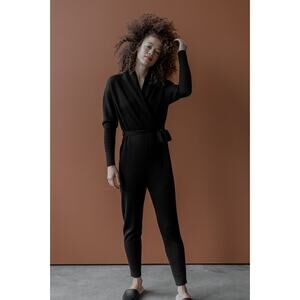 Sskein Black Wrap Neck Baby Alpaca Pima Cotton Shawl Collar Knit Jumpsuit Size S